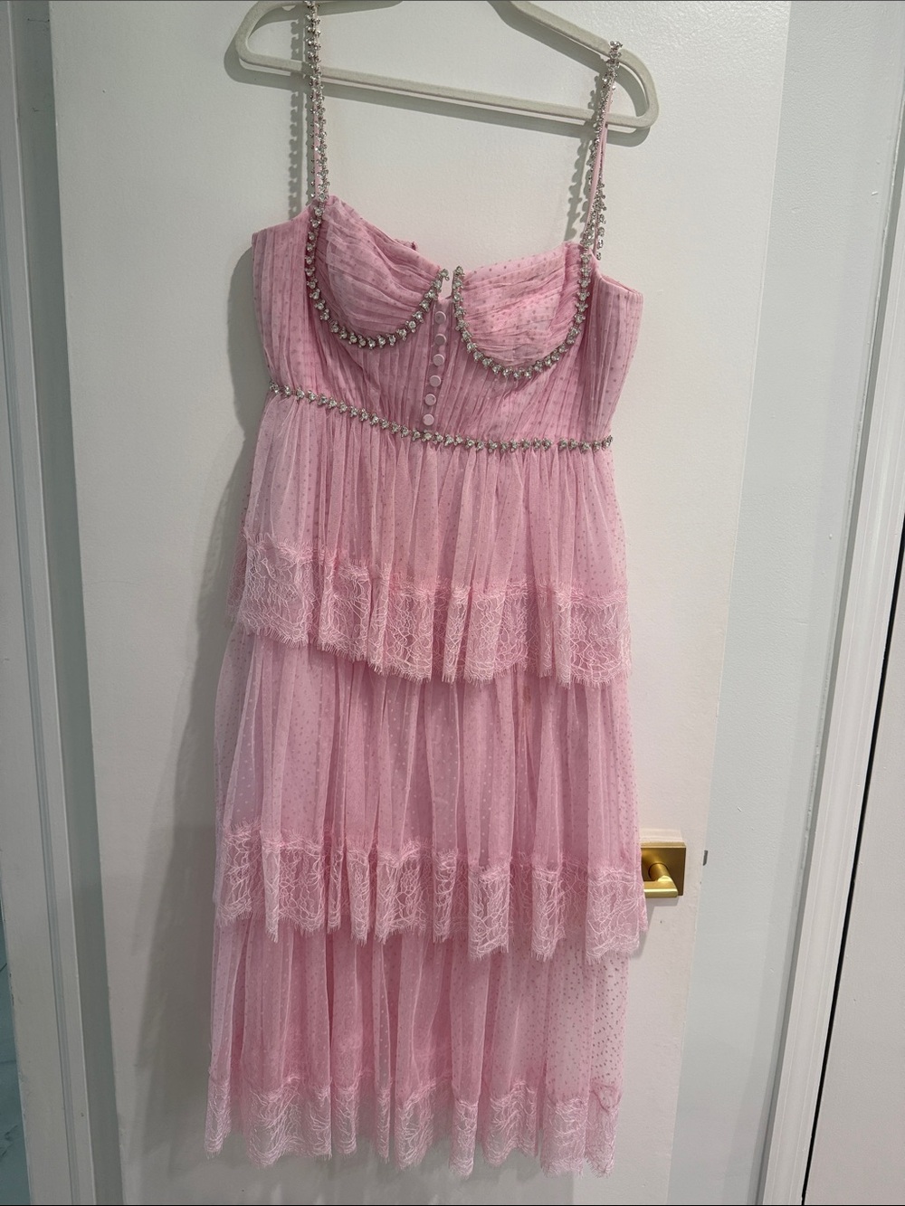 Self-Portrait Pink Tiered Tulle Maxi Dress with Crystal-Strap Accents